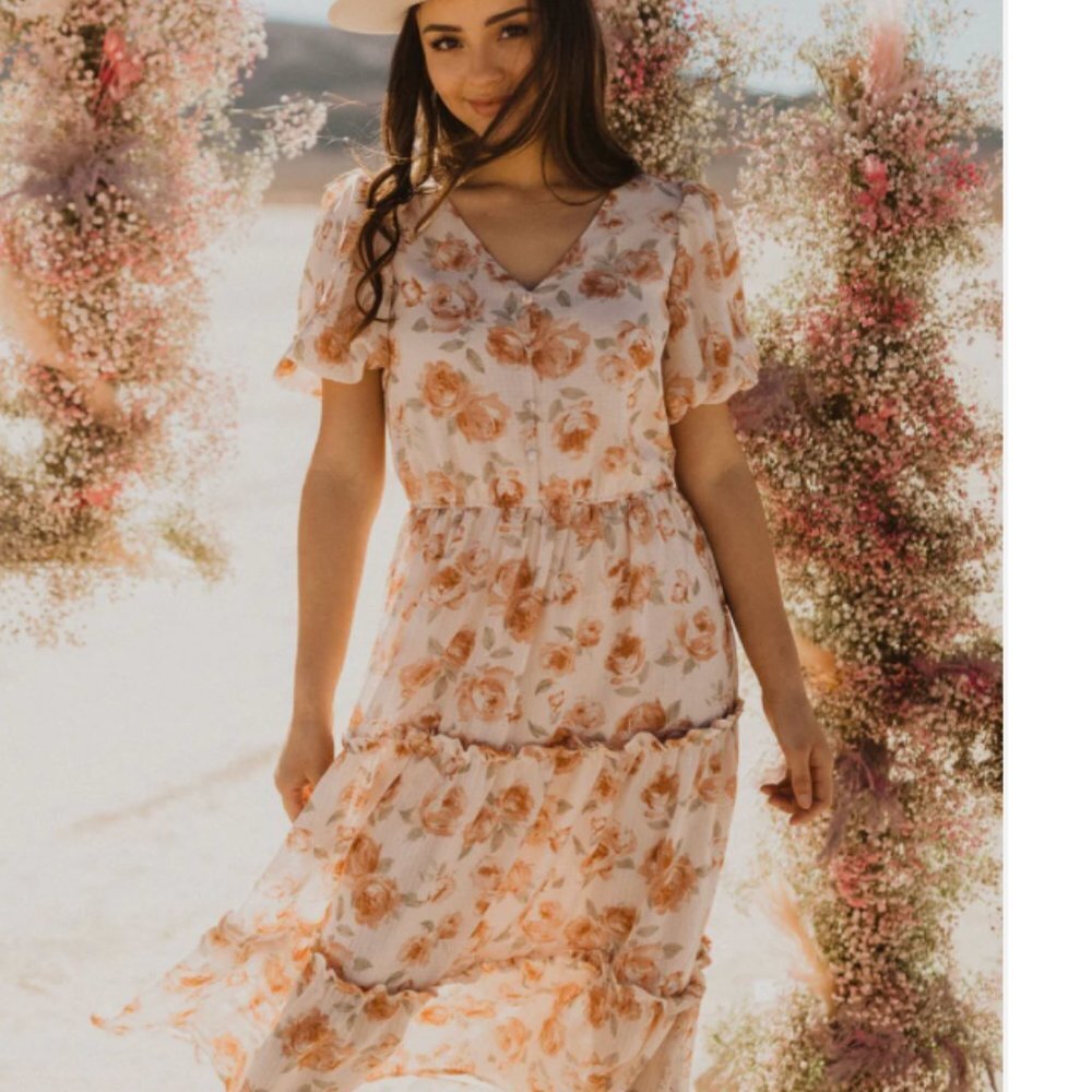 Bohemian Dusty Orange Floral Midi Dress Sz S by Blu Pepper - Picture 9 of 15